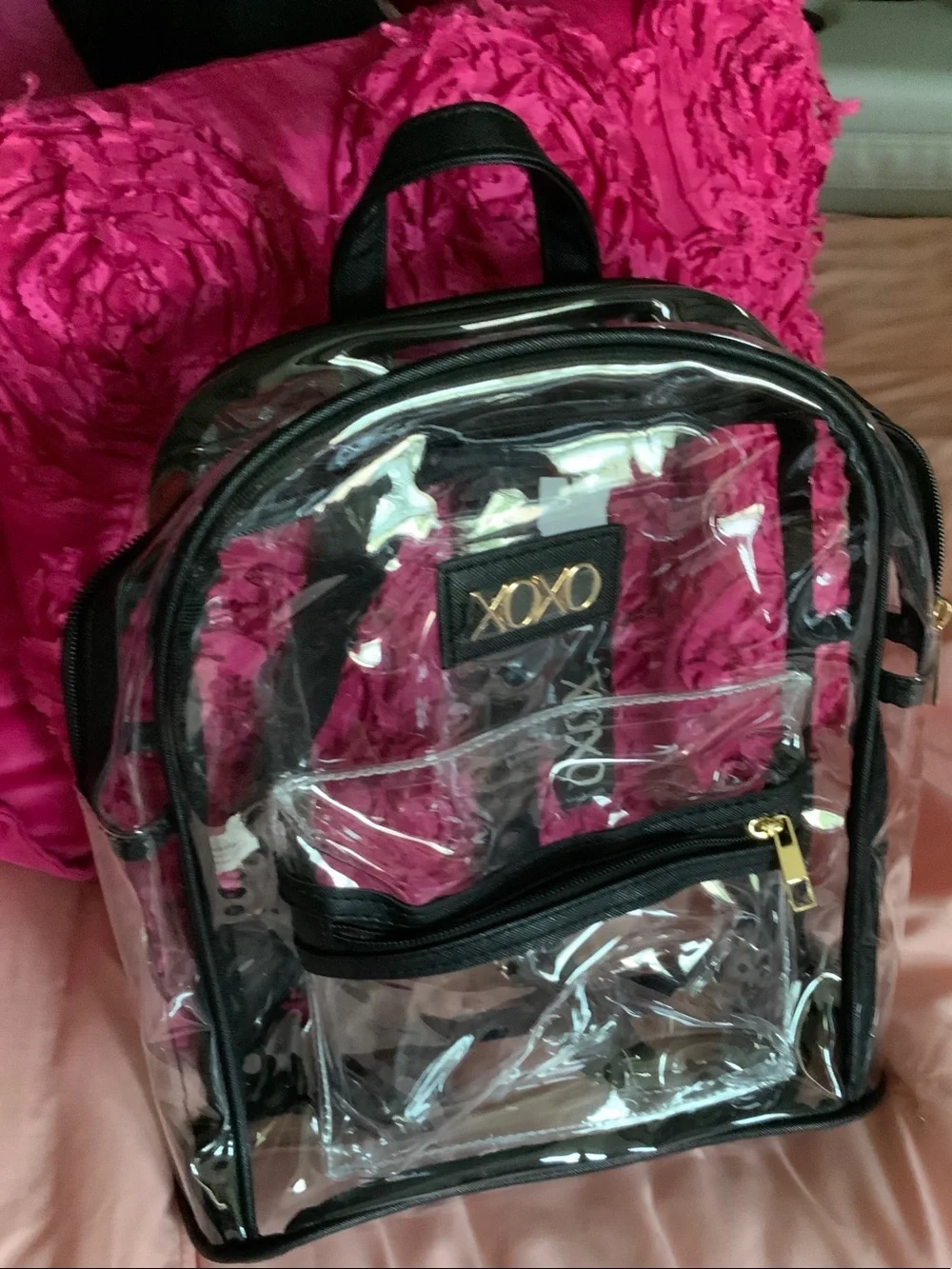 XOXO Clear Backpack with Black Trim and Pink Accents